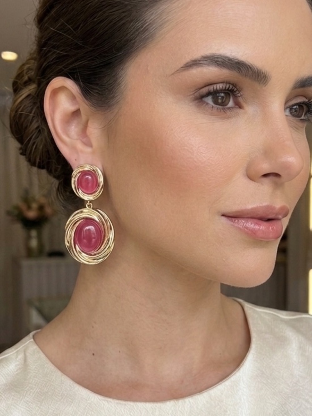 Vintage Pink Cabochon Drop Earrings - Picture 3 of 5